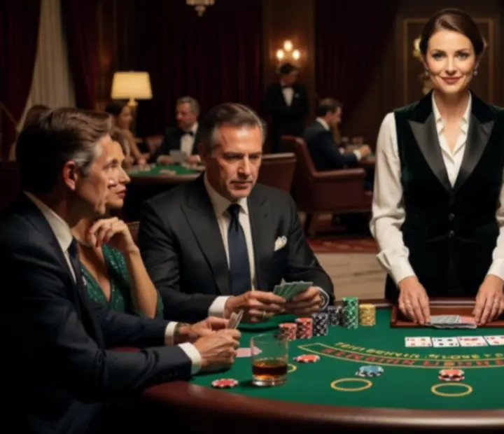 Cinematická scéna luxusního blackjackového stolu s profesionálním krupiérem.