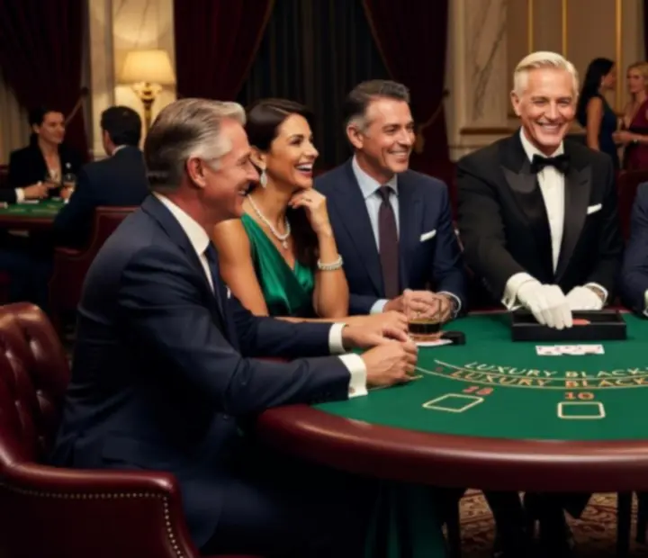 Koláž stylových blackjackových večerů s hosty u stolů a elegantním prostředím.
