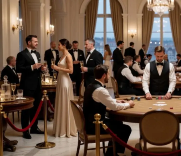 Elegantní kasinový večer ve společenském prostředí s pokerovými a ruletovými stoly