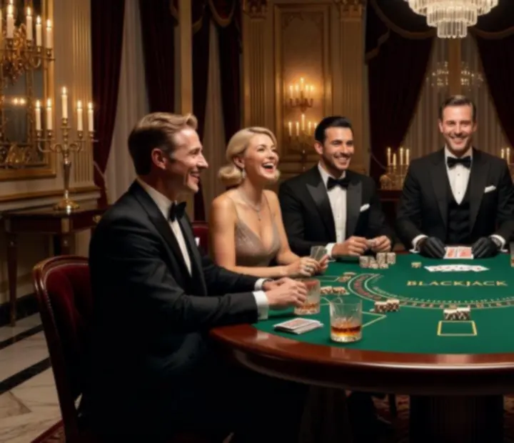 Elegatně oblečená skupina hostů hraje blackjack na firemní akci