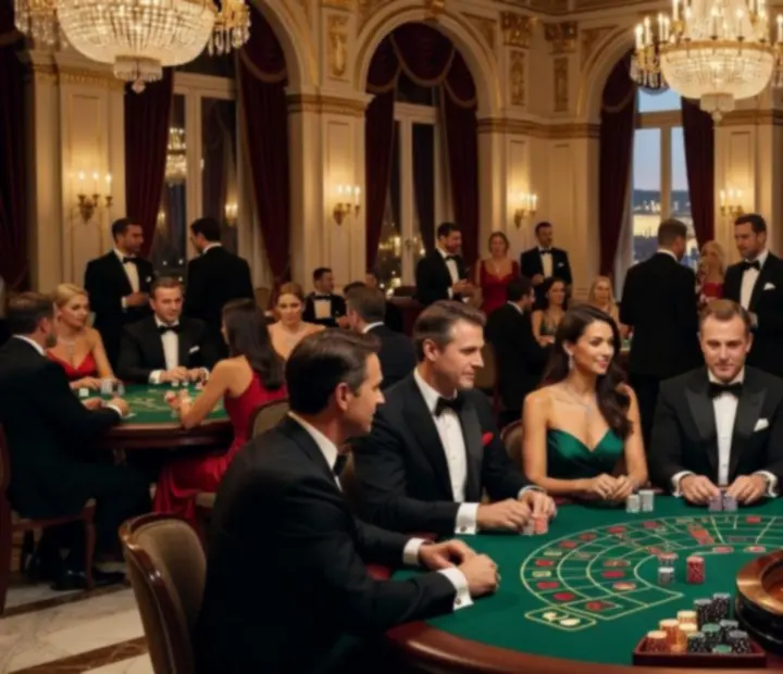 Cinematický pohled na elegantní kasinový večer s pokerovými stoly a hosty v oblecích