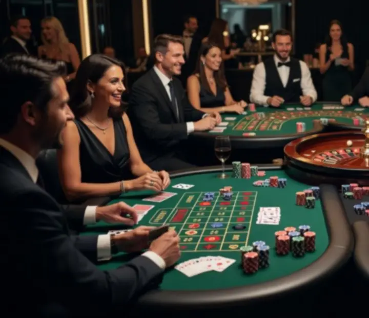 Hrací stoly na poker, ruletu a blackjack připravené na kasinovou párty