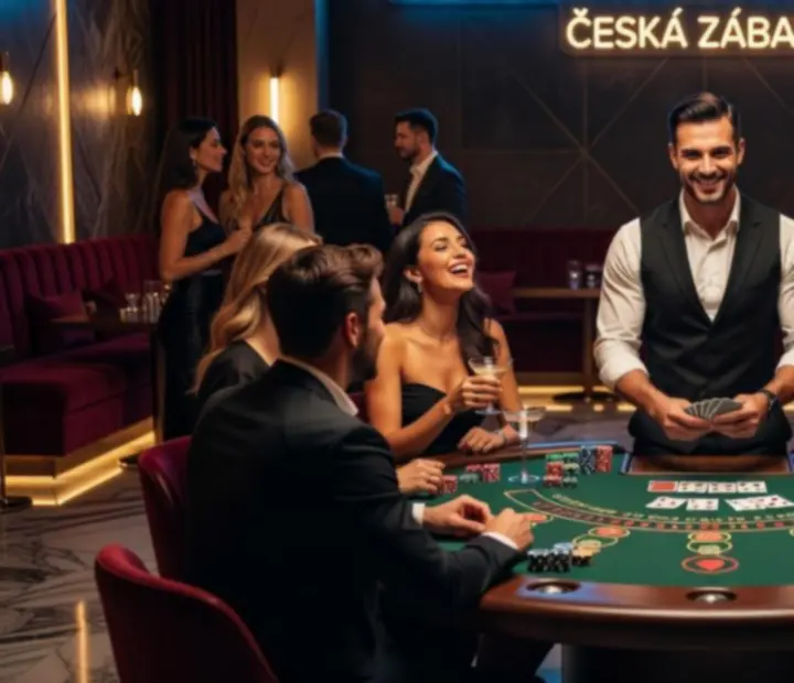 Blackjack zóna s krupiérem a usmívajícími se hosty v koktejlovém dress code