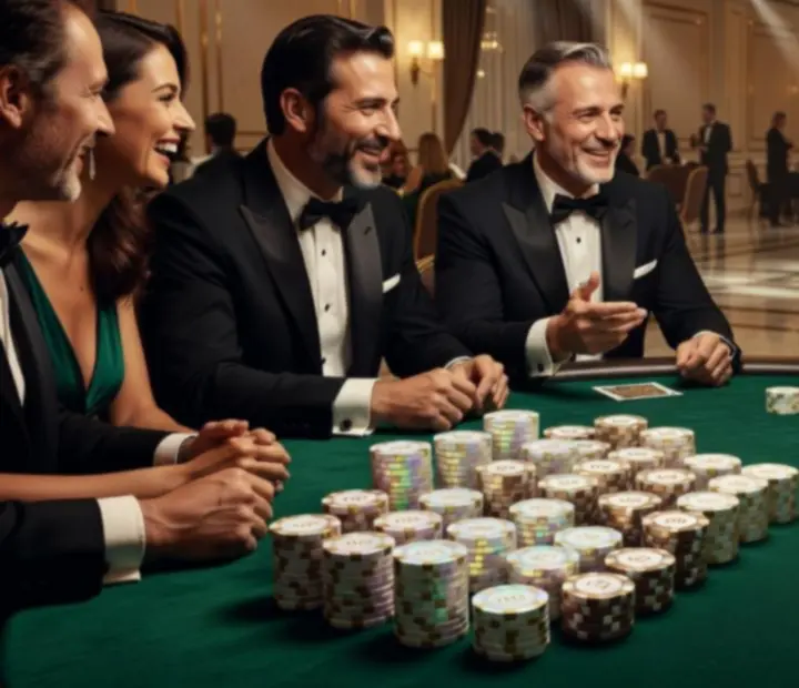 Detail pokerového stolu se žetony a kartami během společenského večera